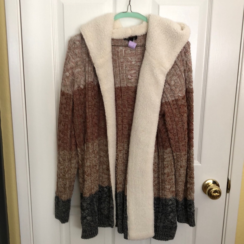 Multi colored cardigan in gray, tan and mauve